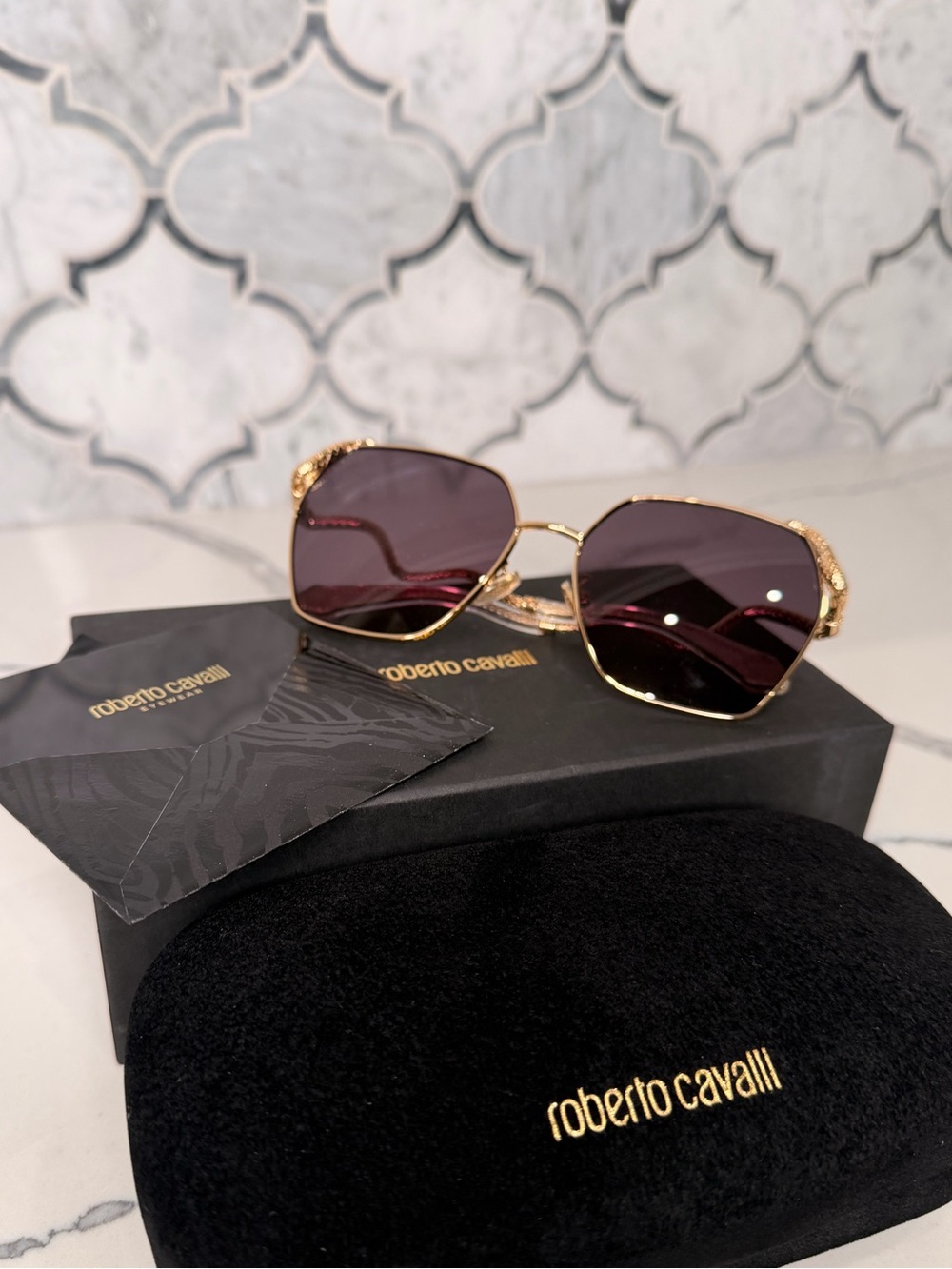 Roberto Cavalli Gold Frame Sunglasses with Burgundy Lenses
